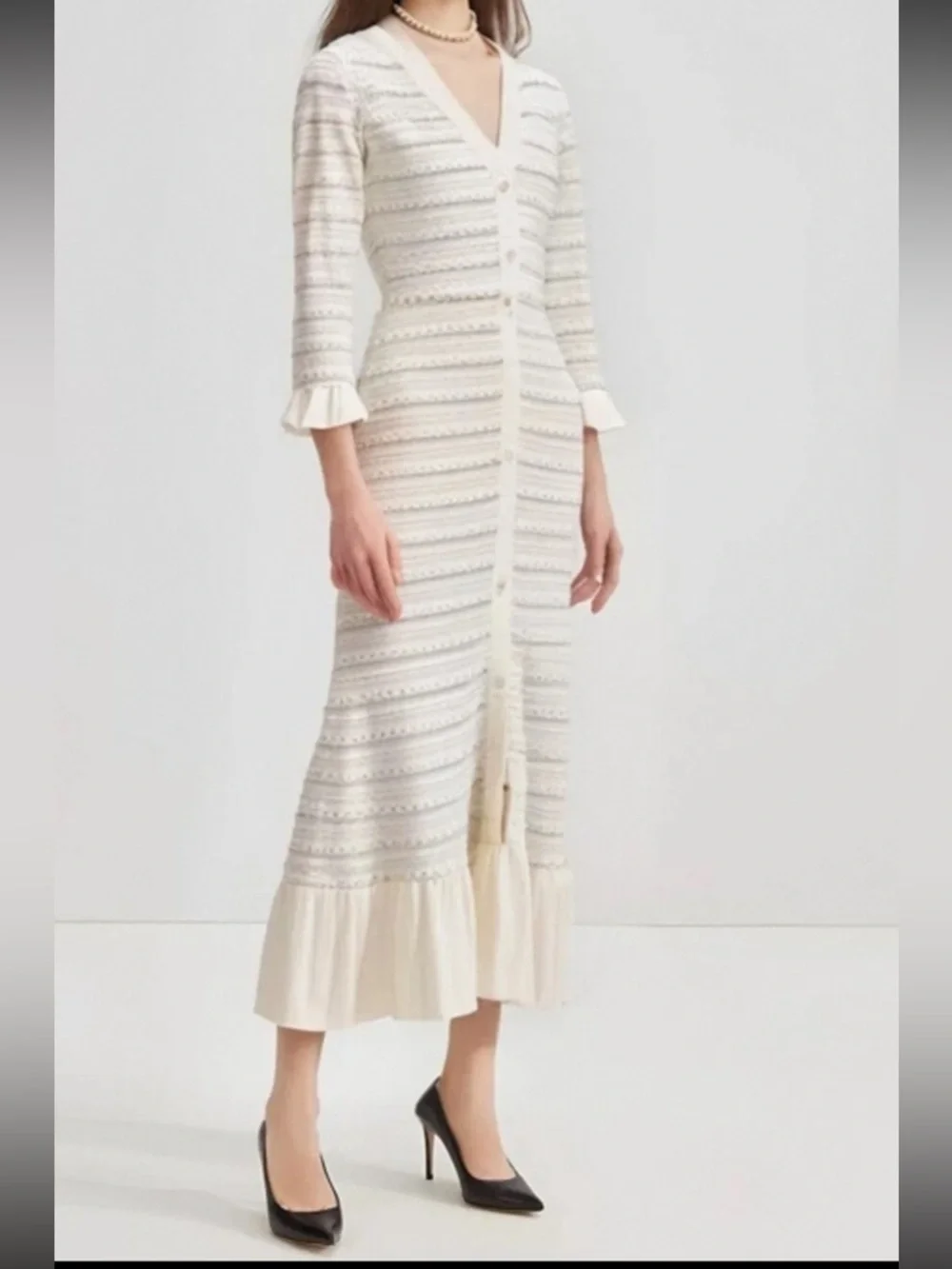 Sandro Beaded Knit Maxi Dress Size 42 Cream Faux Button Front - Picture 5 of 13